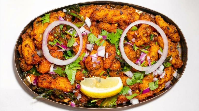 Spicy fried chicken pieces garnished with red onion rings, cilantro, and a lemon wedge.