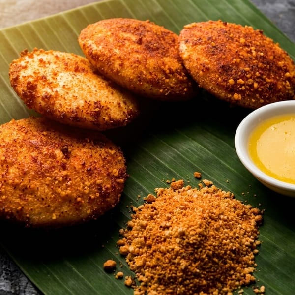 Four golden-brown fried idlis, a bowl of ghee, and chili powder on a banana leaf.